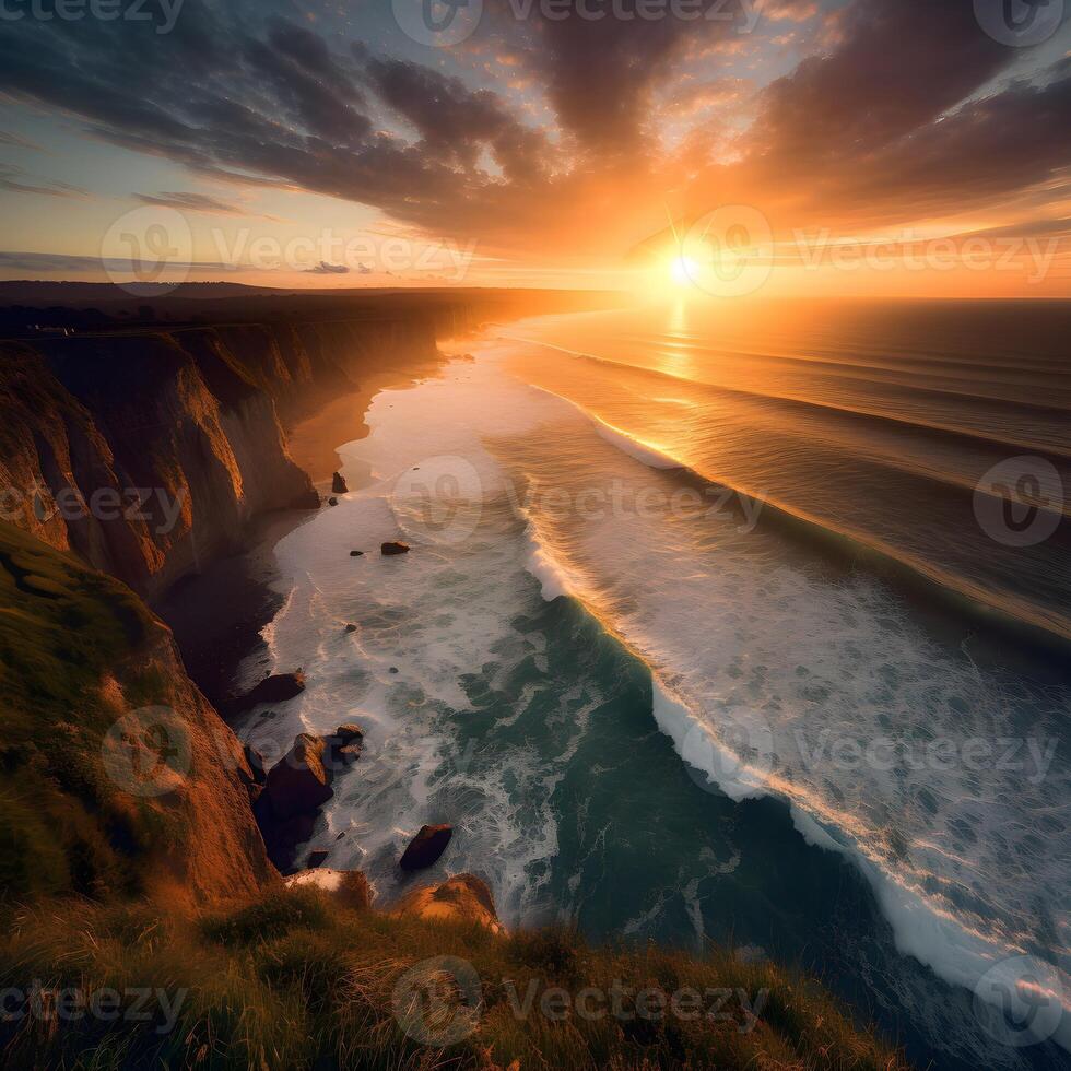 view of the beach with high cliffs in the afternoon with a beautiful sunset AI generated photo