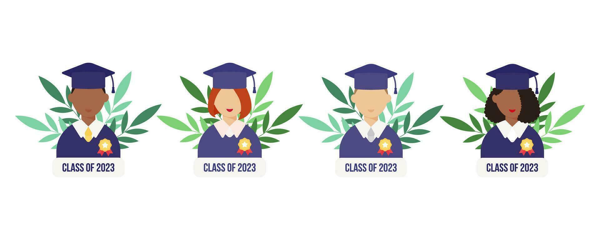 graduación día. conjunto de estudiante con medalla. letras clase de 2023. plano estilo masculino y femenino. vector