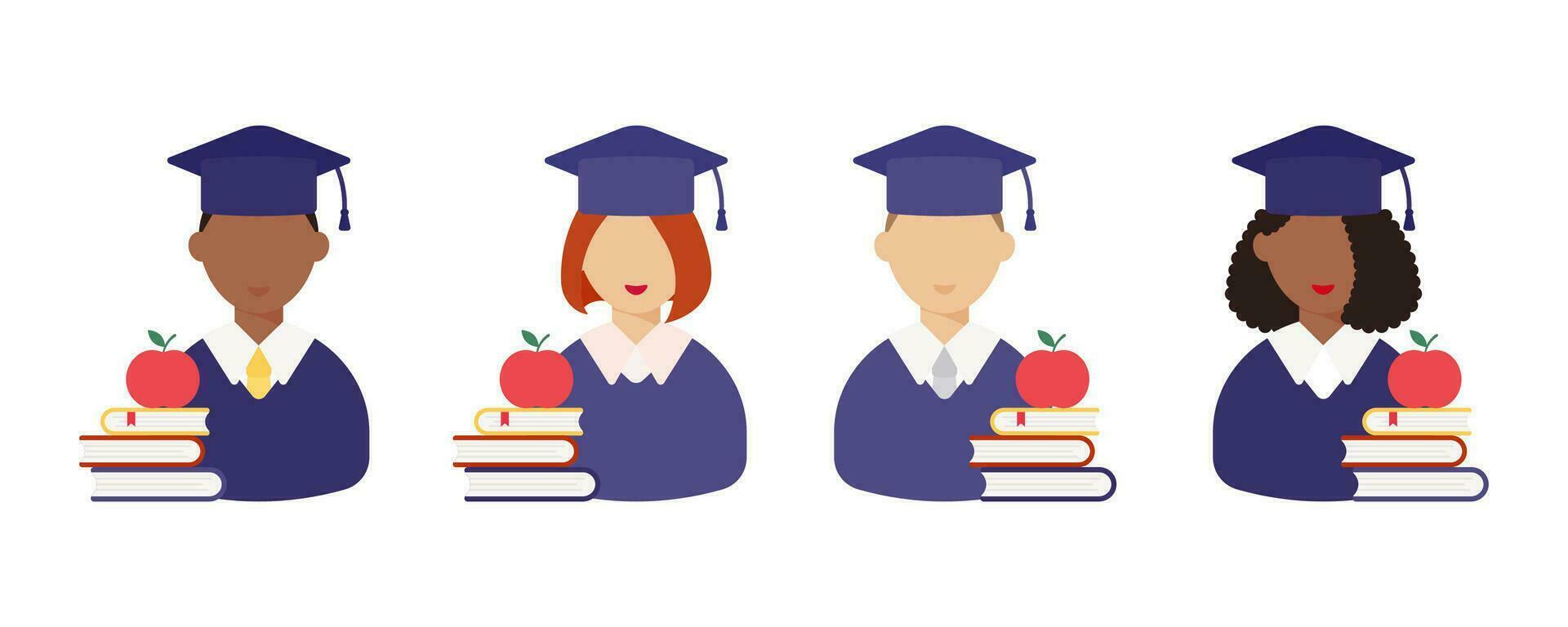 Graduation day.Set of student. Books and an apple.Flat style male and female. vector