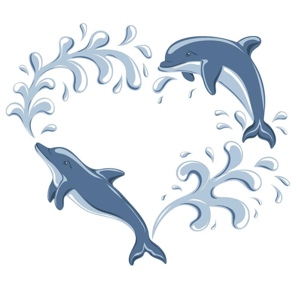 Heart shaped frame with jumping dolphins and water drops vector