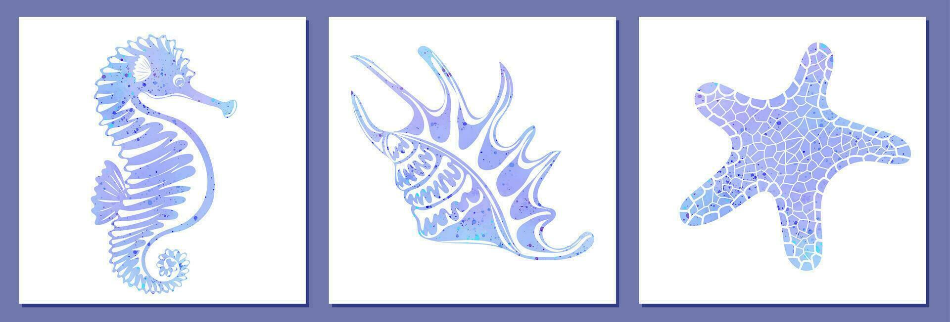 conjunto de mar elementos concha, estrella de mar, caballo de mar. composición de acuarela ilustraciones en blanco antecedentes vector
