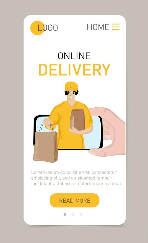 Online delivery web app vertical template. Delivery courier man holding paper bags from mobile phone. Fast online delivery service vector