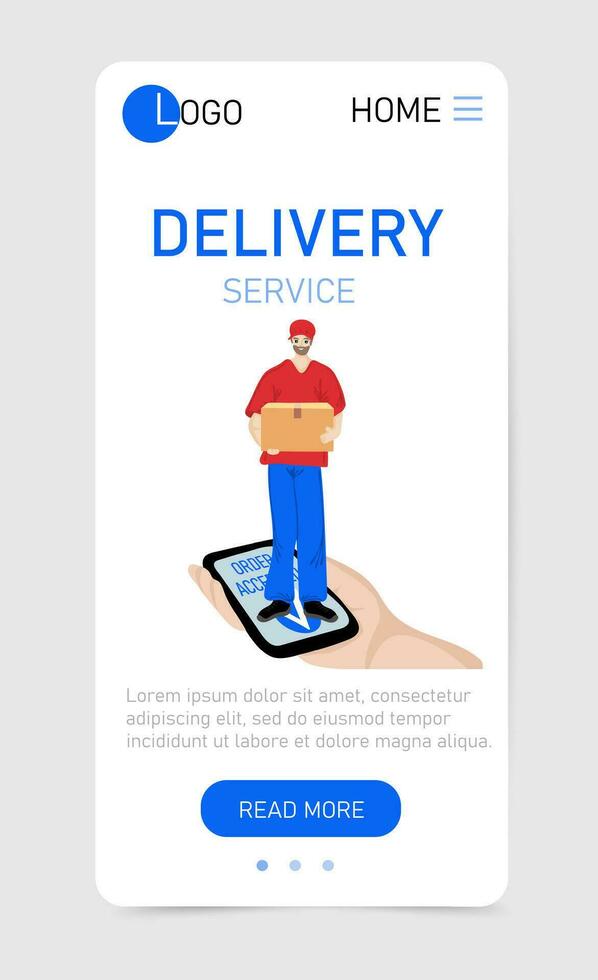 Delivery service web app vertical template. Delivery courier man holding Parcel Box with mobile phone. Fast online delivery service vector