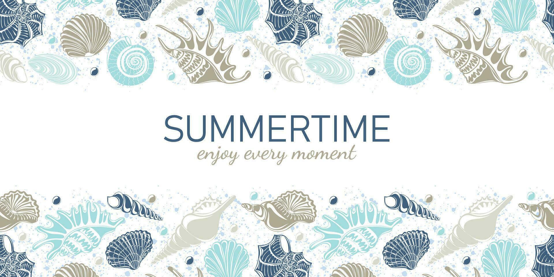 Hora de verano, disfrutar cada momento. sin costura horizontal frontera con vistoso conchas marinas en un blanco antecedentes vector