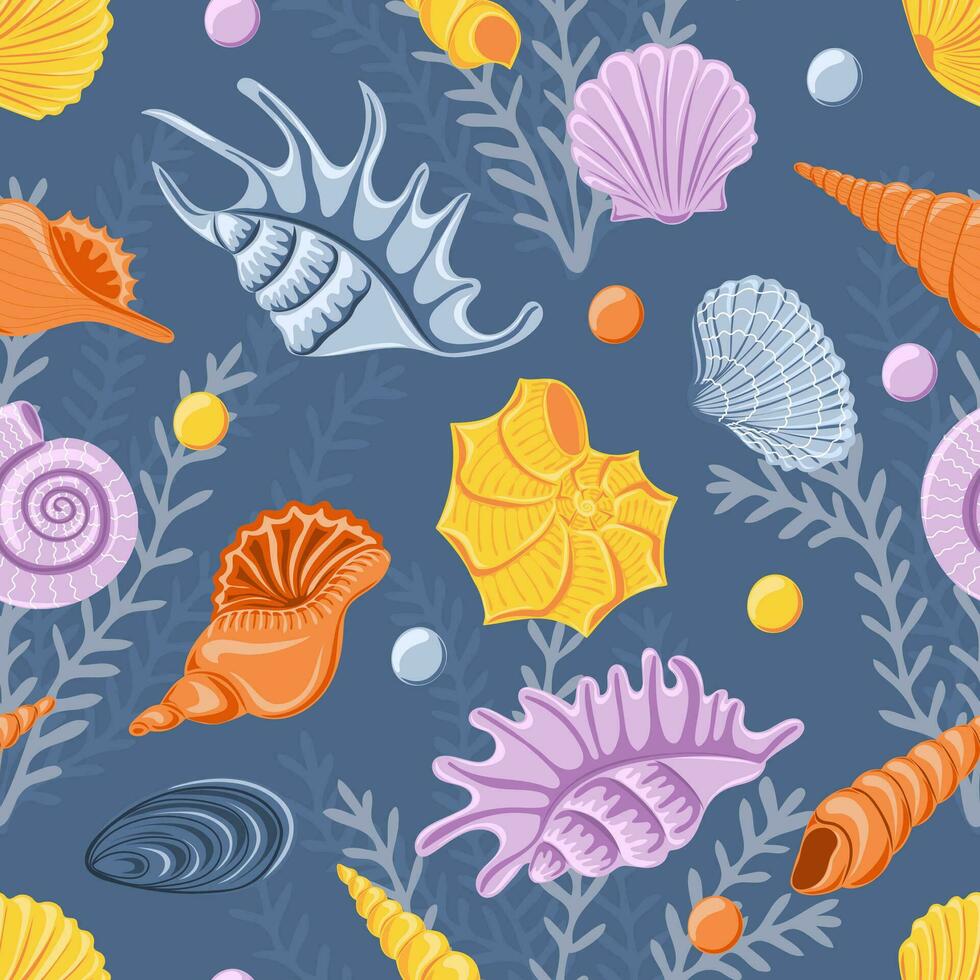 sin costura modelo con diferente conchas marina habitantes. concepto de mar y Oceano vida. moderno impresión para tela, textiles, envase papel vector