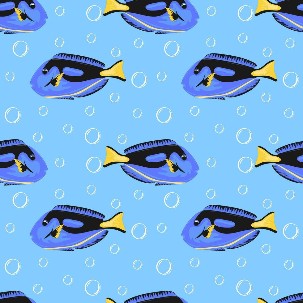 Seamless pattern with Blue tang or Paracanthurus hepatus. Marine dwellers vector