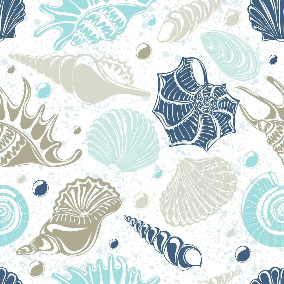 Seamless pattern with different sea shells silhouettes on white background vector