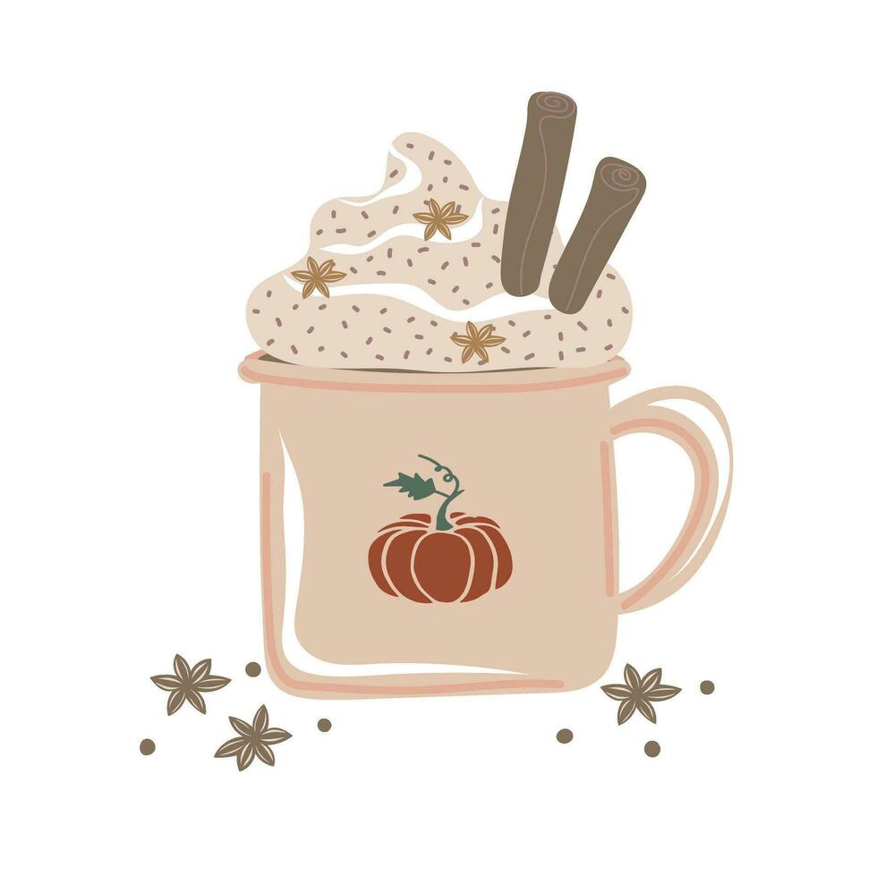 Pumpkin spice latte coffee mug for autumn menu or greeting card design. Seasonal hot drink with foam, cream, cinnamon vector