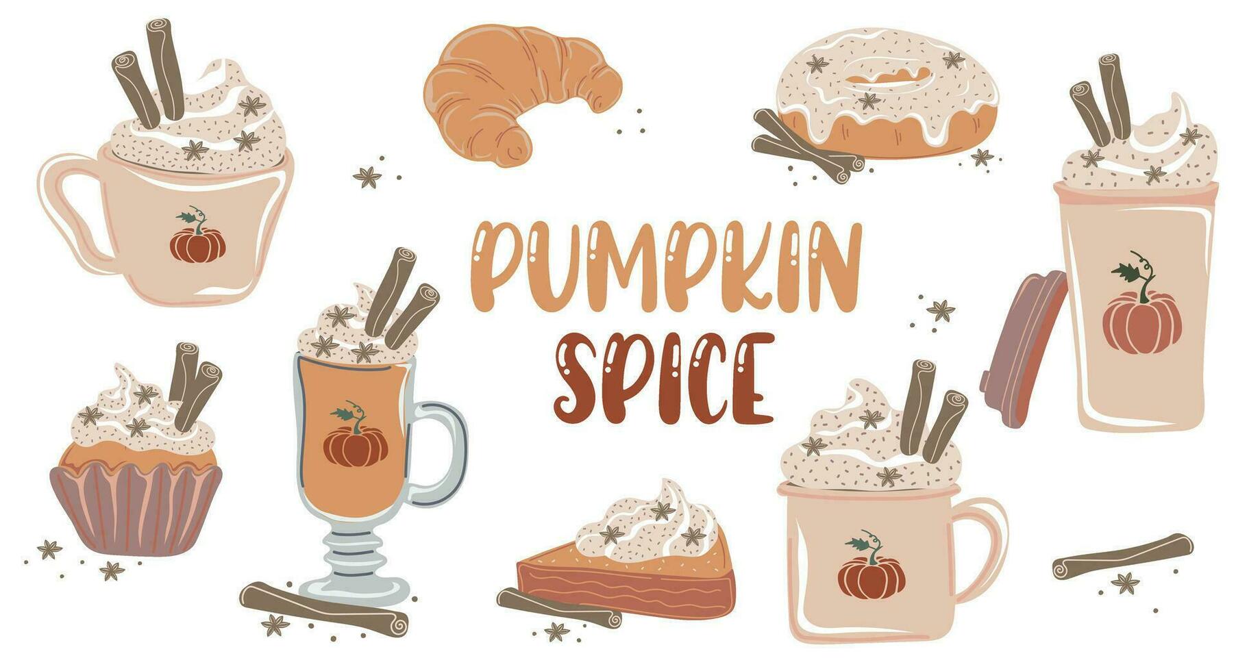 Pumpkin spice. Set of autumn pumpkins drinks and desserts. Muffin, donut, pie, croissant and latte with whipped cream and cinnamon for autumn design vector