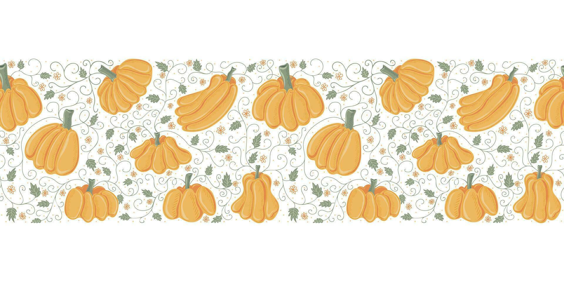 Vector horizontal seamless pattern with ripe pumpkins, twigs, leaves and flowers. Seasonal fall banner design for greeting or promotion
