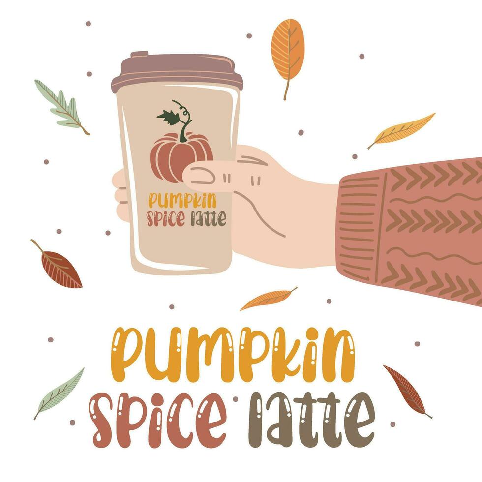 Human hand holding cup of hot drink. Pumpkin spice latte with whipped cream and cinnamon vector