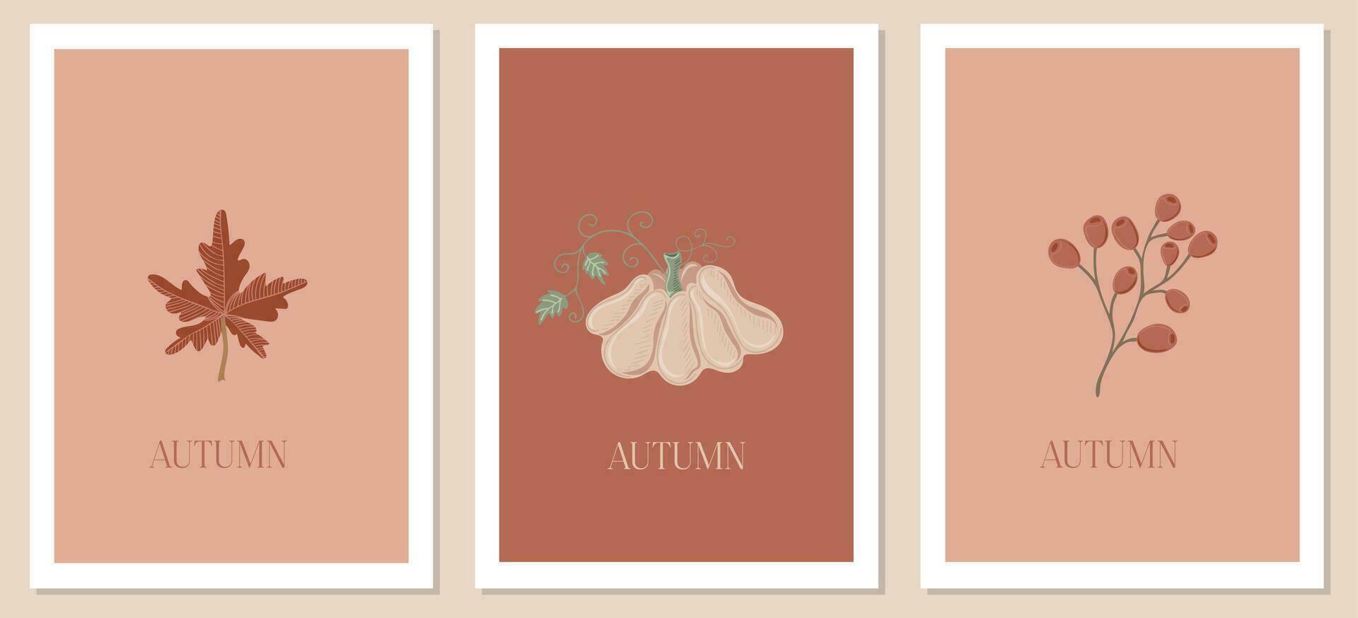 Trendy minimalist templates with leaf, berry and pumpkin. Good for poster, card, invitation, flyer and other graphic design vector