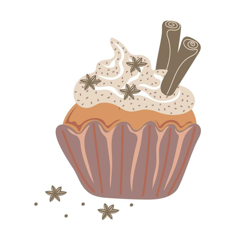 Pumpkin spice cupcake with whipped cream and cinnamon for autumn menu or greeting card design vector