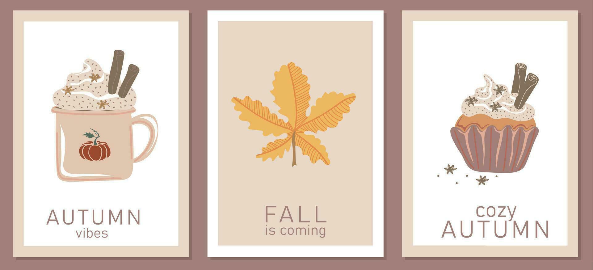 Trendy minimalist templates with chestnut leaf, spice hot drink and muffin. Good for poster, card, invitation and other graphic design. Harvest and Thanksgiving concept vector