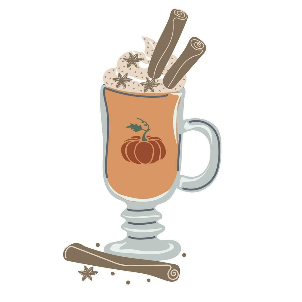Pumpkin spice latte coffee mug for autumn menu or greeting card design. Seasonal hot drink with foam, cream, cinnamon vector