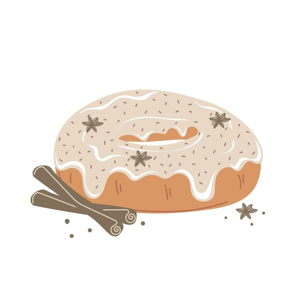 Pumpkin spice donut with white chocolate and cinnamon for autumn menu or greeting card design vector