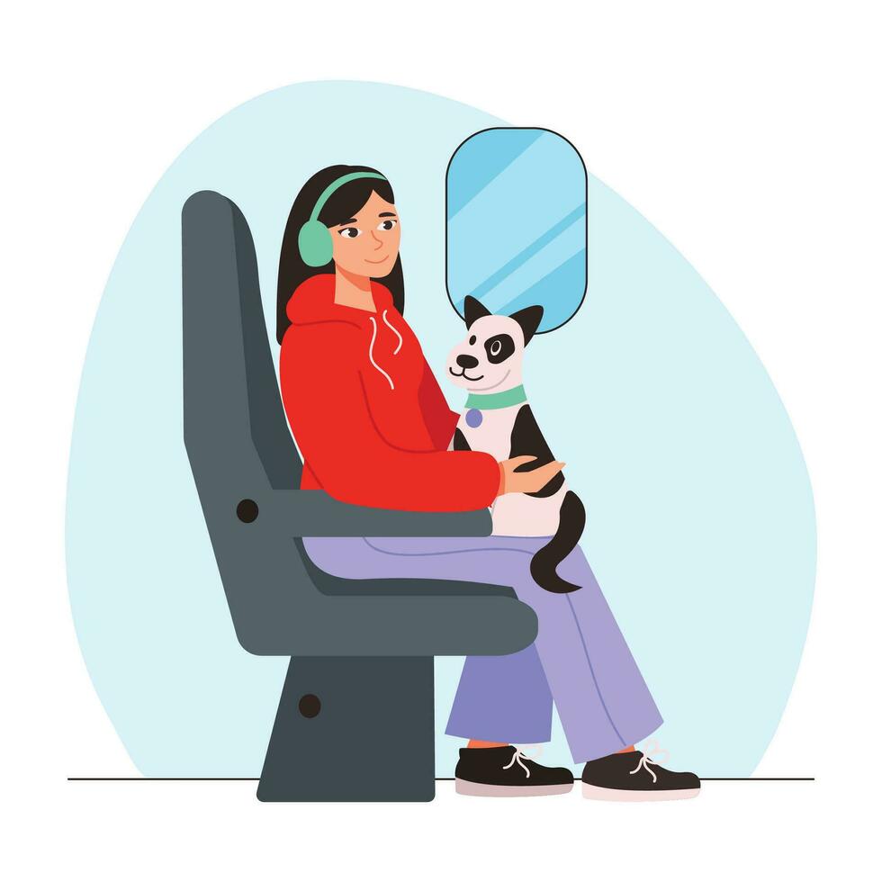 Woman in headphones with a dog sits in a plane or train. Traveling. Vector graphic.