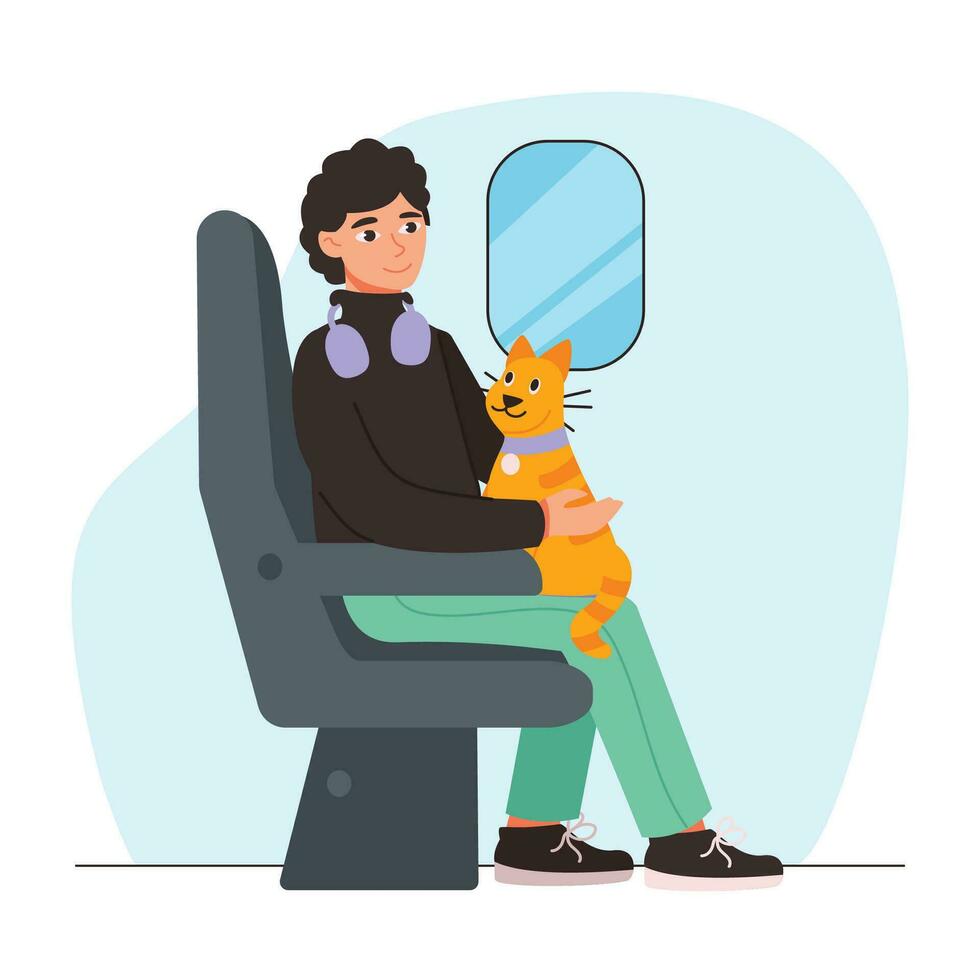 Man with headphones and a cat sits in a plane or train. Traveling. Vector graphic.
