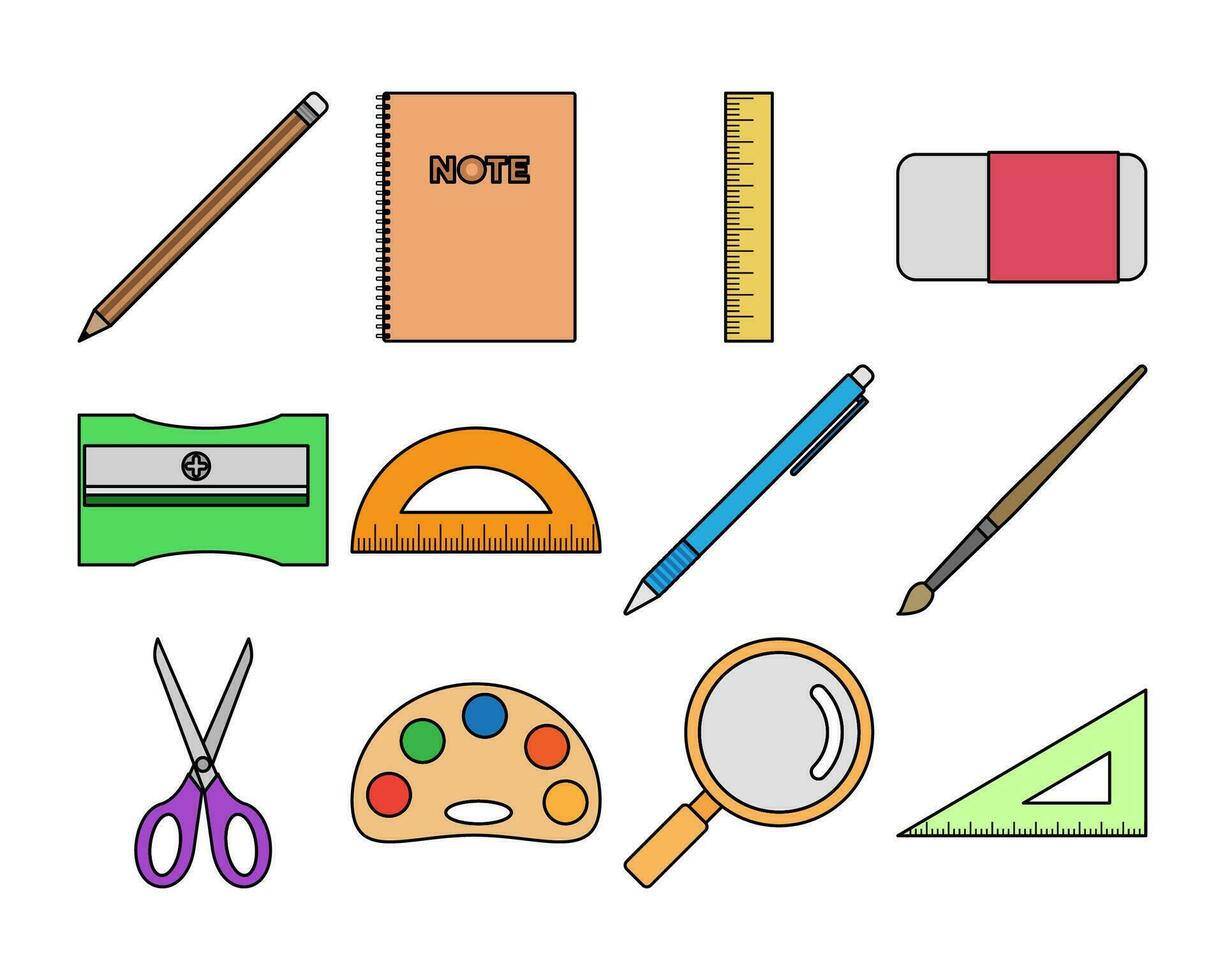 colegio suministros vector ilustración colocar, espalda a escuela, lápiz, libro, gobernante, borrador. plano diseño contorno