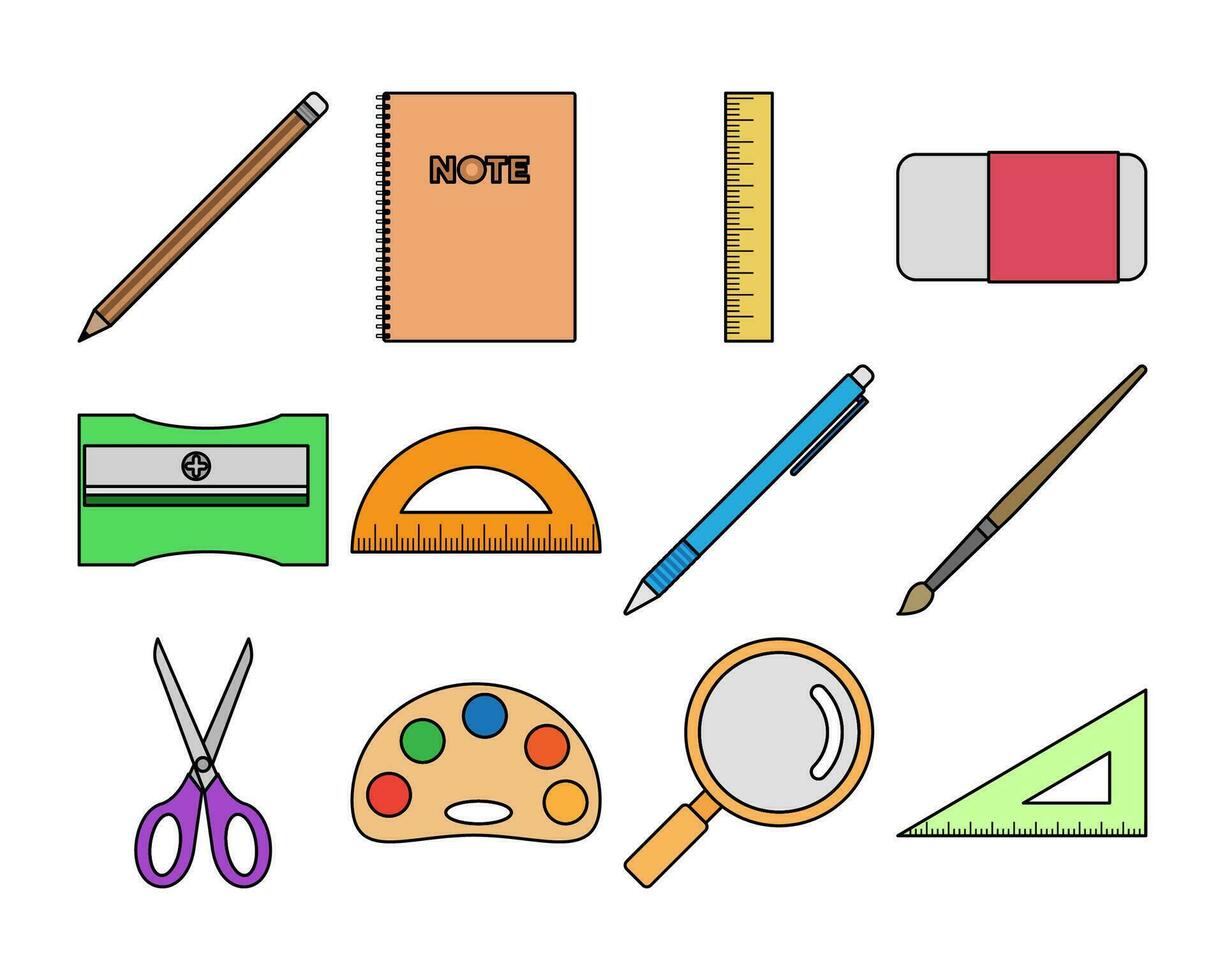School supplies vector illustration set, back to school, pencil, book, ruler, eraser. Flat design outline