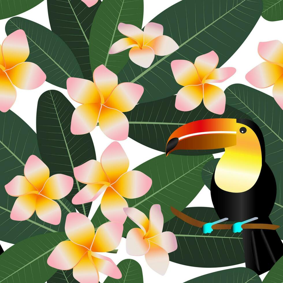 Tropical floral seamless pattern with toucans. Cute plumeria flowers and green leaves and birds for fabrics, textiles. Vector. vector
