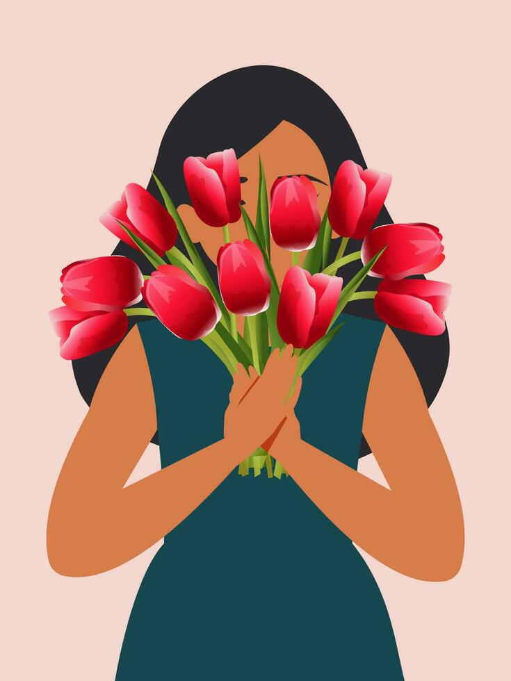 Young fashionable woman hides behind a bouquet of red tulip flowers. The concept of love and spring holiday. Vertical pink postcard. Vector. vector