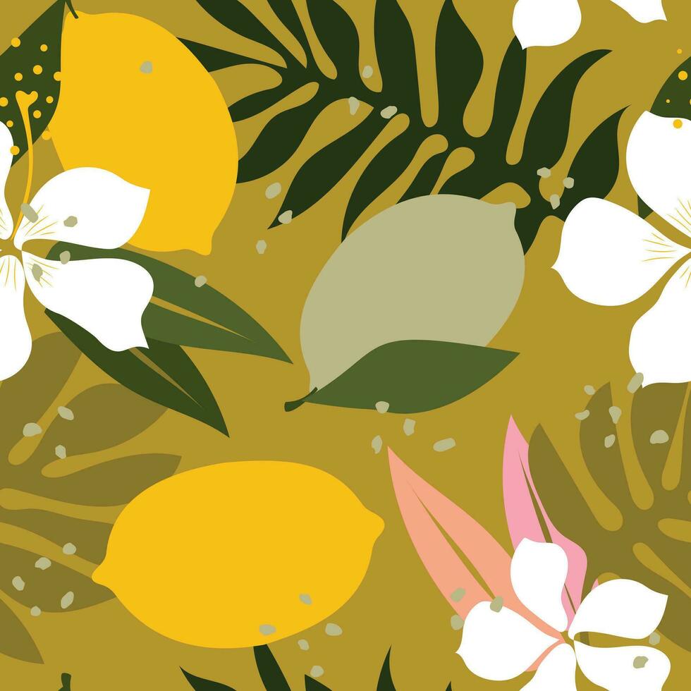 tropical flores y limones moderno Arte futuro resumen y artístico palma hojas en un verde antecedentes. botánico sin costura modelo con verde antecedentes para moderno textil. vector. vector