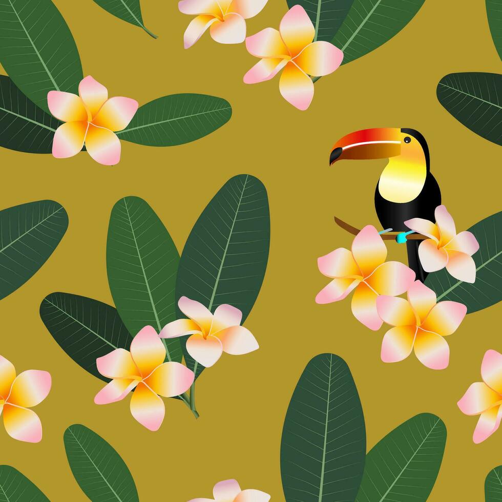 Tropical floral seamless pattern with toucans. Cute plumeria flowers and green leaves and birds for fabrics, textiles. Vector. vector