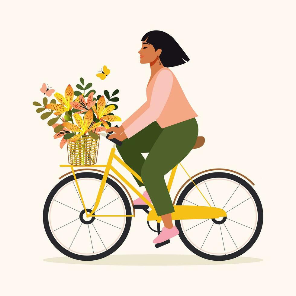 A happy woman with a bouquet of leopard flowers in a basket rides a bicycle and rejoices at the beginning of spring. Cute girl enjoying warm weather, doing physical and mental health. Vector. vector