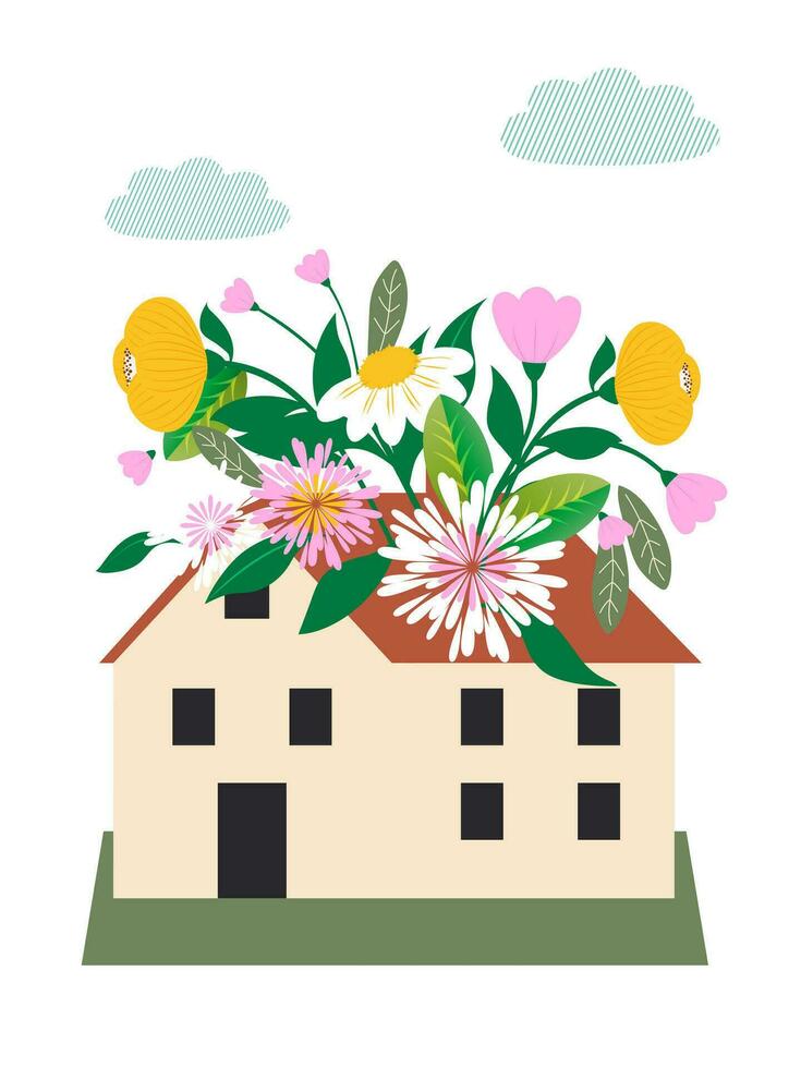 Cute house from which flowers grow, isolated on a white background. A beautiful native flowering house under a clear sky. Flowers growing inside the house. Vector. vector