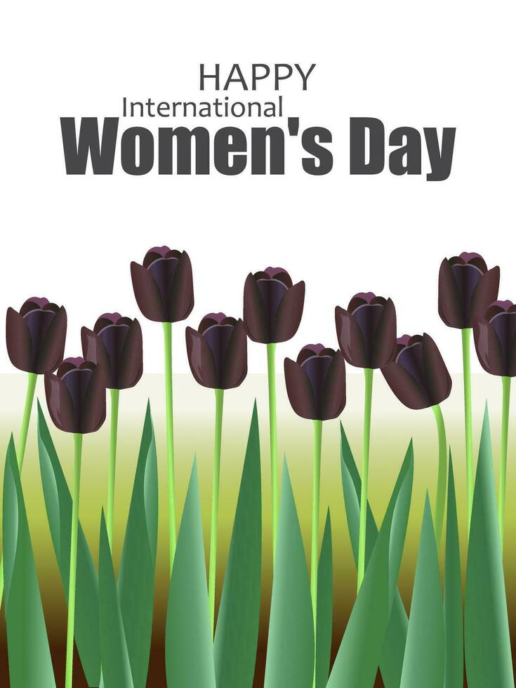 Happy International Women's Day. Dark purple tulips on a white vertical background. Floral card for the spring holiday. Vector. vector