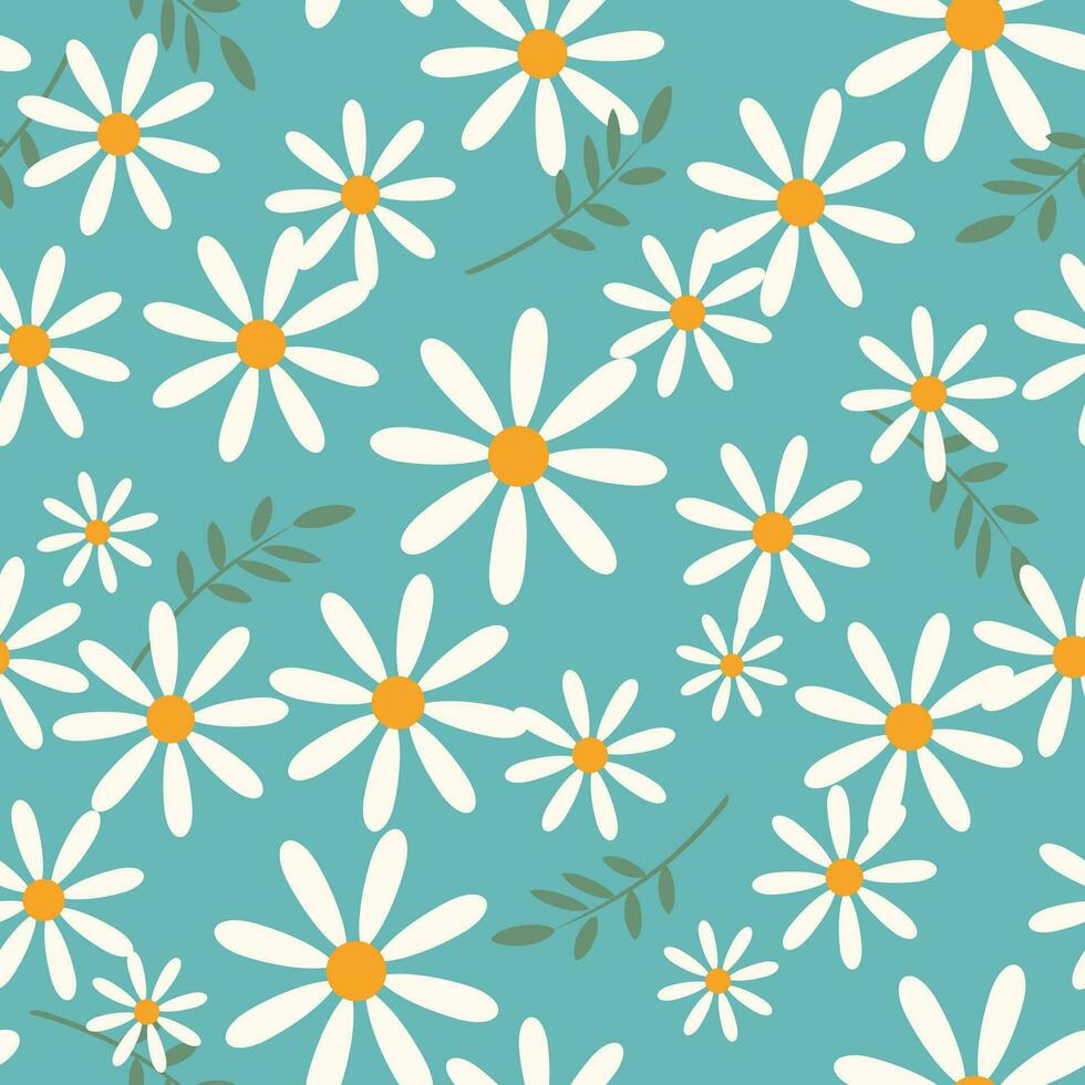 salvaje manzanilla flores sin costura verano modelo con blanco flores en un ligero azul antecedentes. para impresión en tela, textiles, envase papel. vector. vector