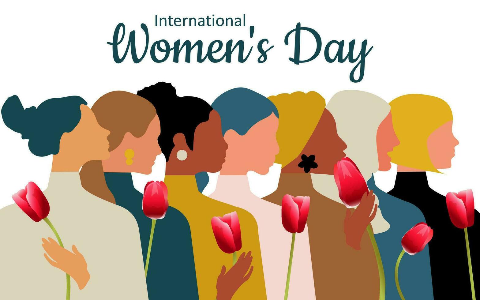 International Women's Day. Happy beautiful women holding a red tulip in their hands on a white horizontal background. Cute postcard for the spring holiday. Vector. vector