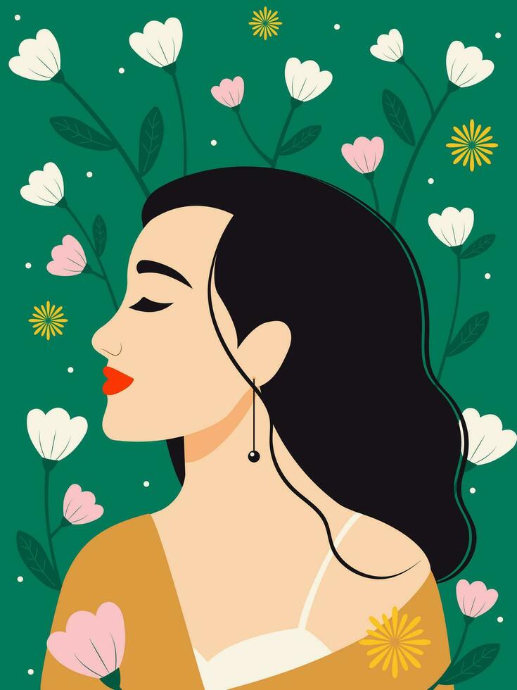 un hermosa contento mujer con largo negro pelo es en el jardín de flores y disfruta el primavera. floral vertical verde bandera con un muchacha. vector. vector