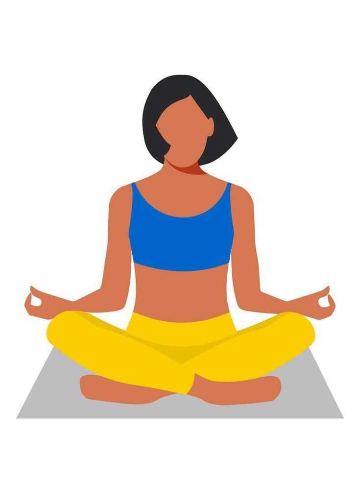 A woman sits cross legged and meditates. A young athletic girl with short black hair is engaged in physical and mental health. Meditation and yoga. Vector. vector