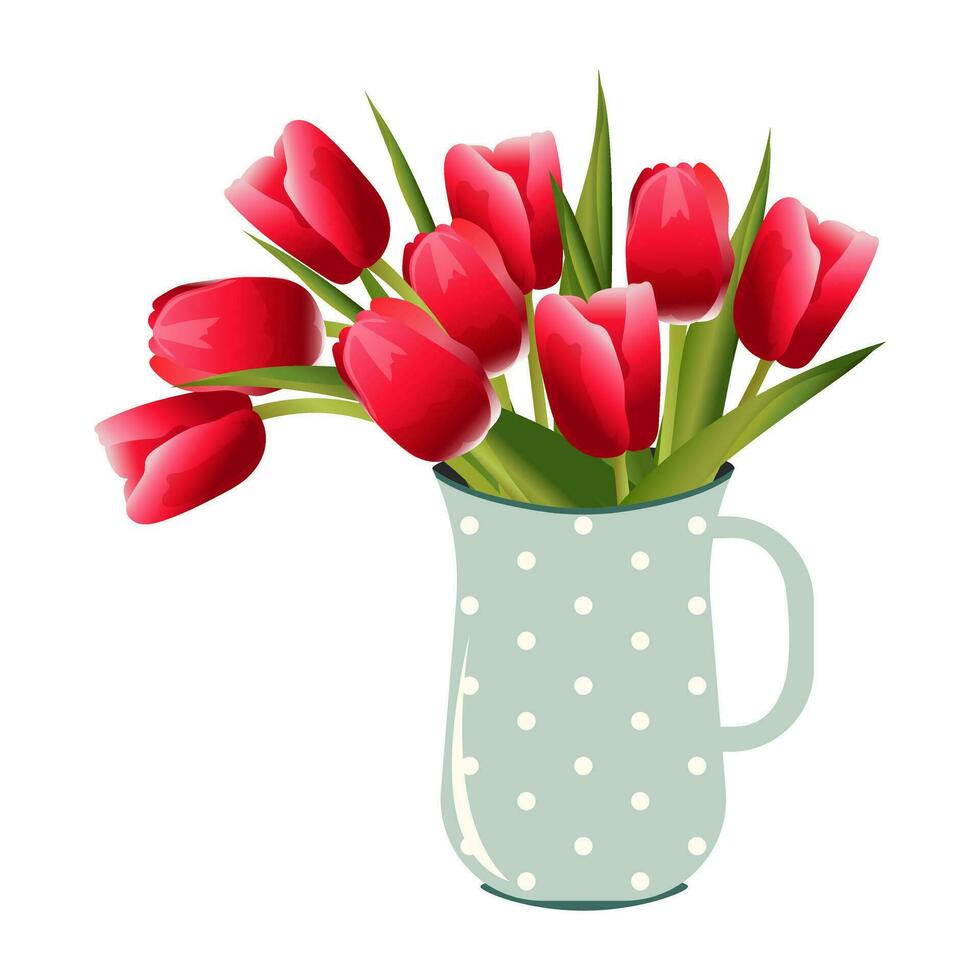 hermosa rojo tulipanes en un azul jarra. ramo de flores de linda primavera flores en florero aislado en blanco antecedentes. vector. vector