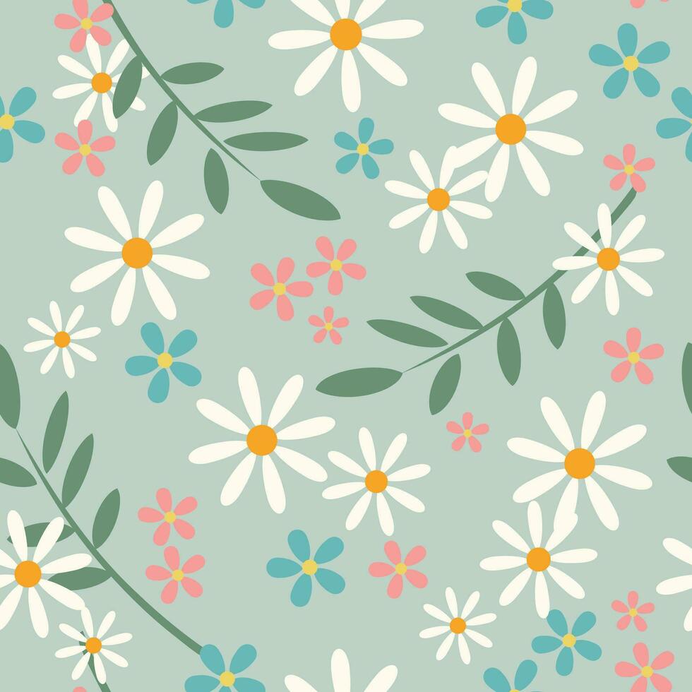 Wild chamomile flowers. Seamless summer pattern with white flowers on a light blue background. For printing on fabric, textiles, wrapping paper. Vector. vector