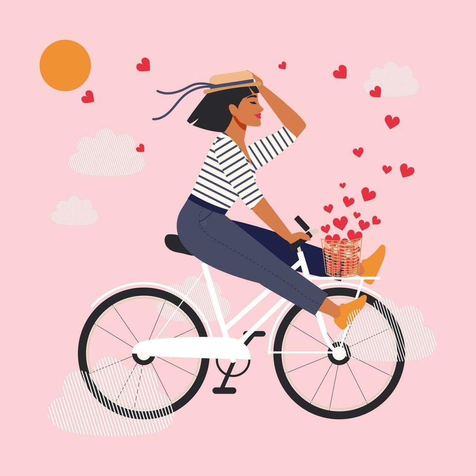 un mujer en amor y un contento en un a rayas camisa de entrenamiento y un Paja sombrero en un blanco bicicleta se eleva en el nubes un linda niña disfruta vida, verano y irradia positivo energía. vector. vector