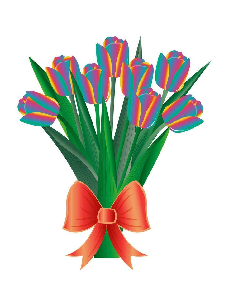 Rainbow tulips. Bouquet of spring flowers tied with red bow and isolated on white background for holiday cards. Vector. vector