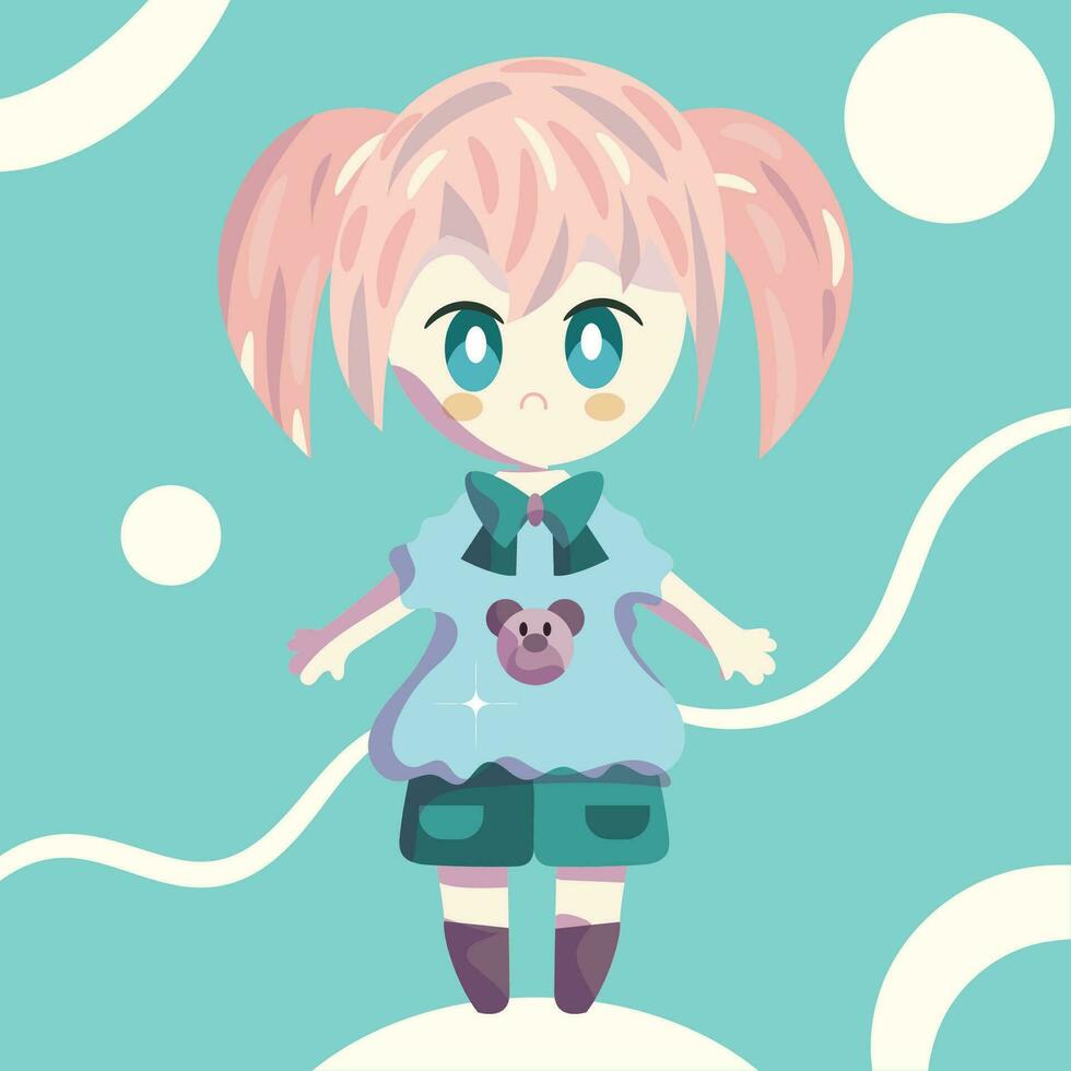 aislado de colores linda chibi hembra anime niños mano dibujado personaje vector ilustración