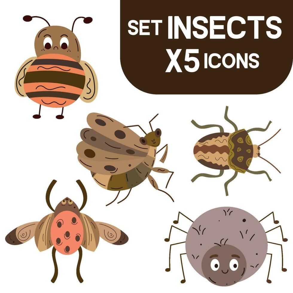 Set of colored cute insect sketch characters Vector illustration