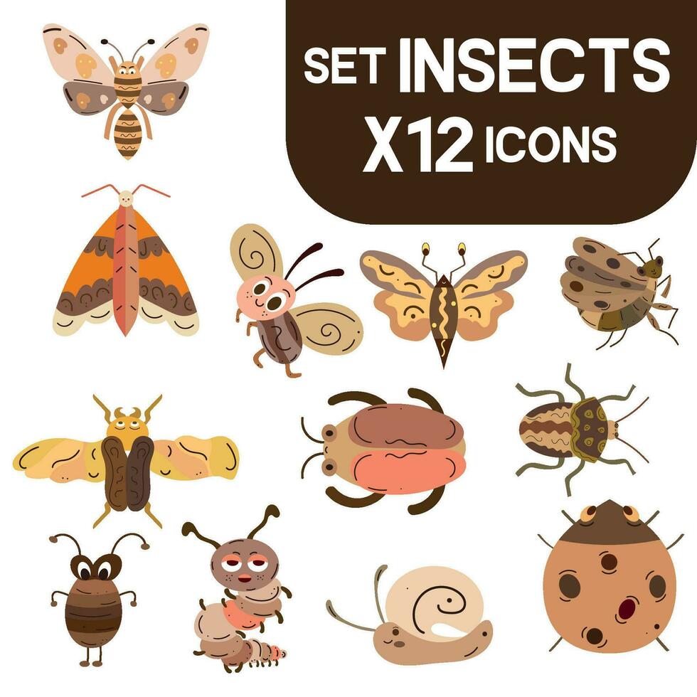 Set of colored cute insect sketch characters Vector illustration
