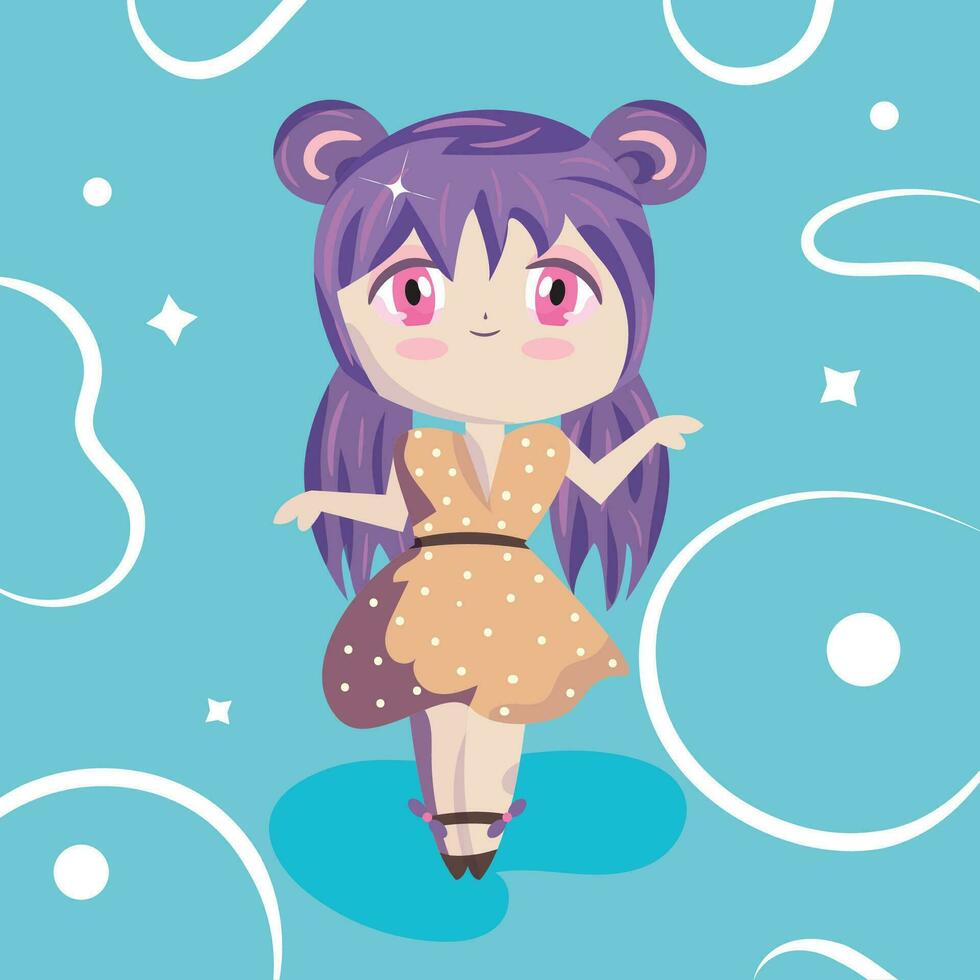 aislado de colores linda chibi hembra anime niños mano dibujado personaje vector ilustración
