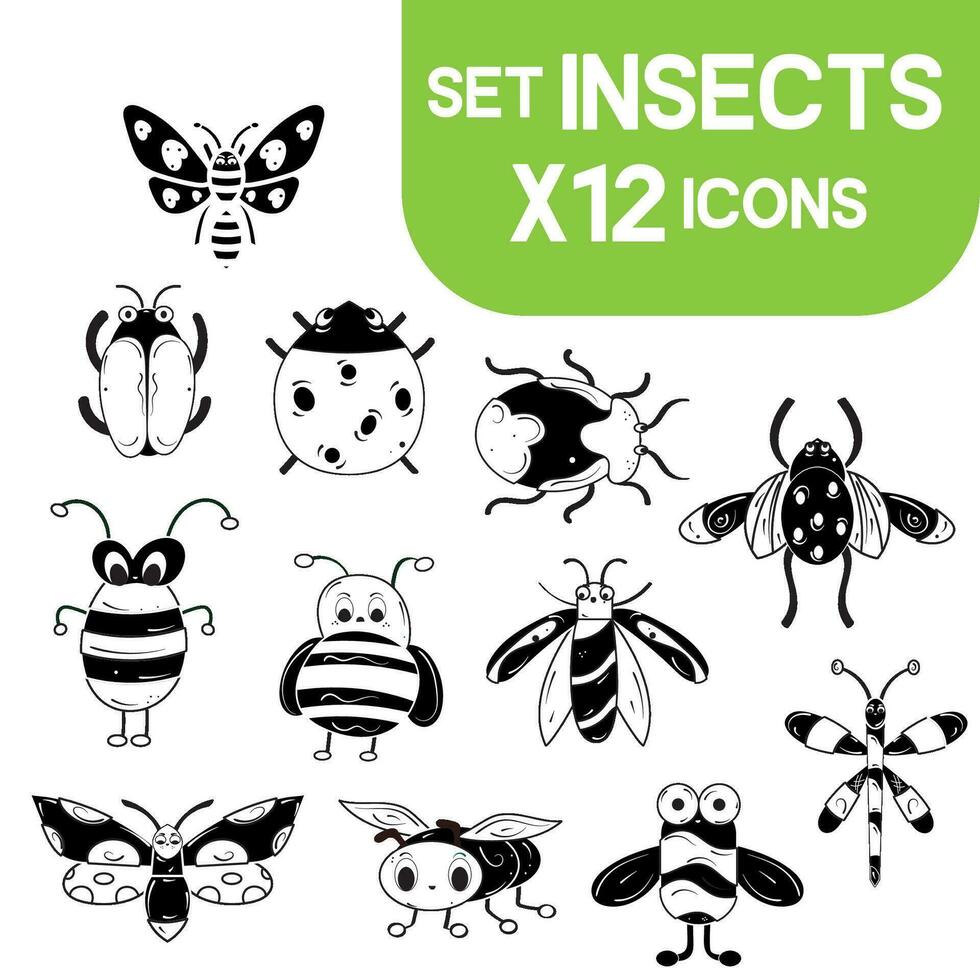 Set of colored cute insect sketch characters Vector illustration