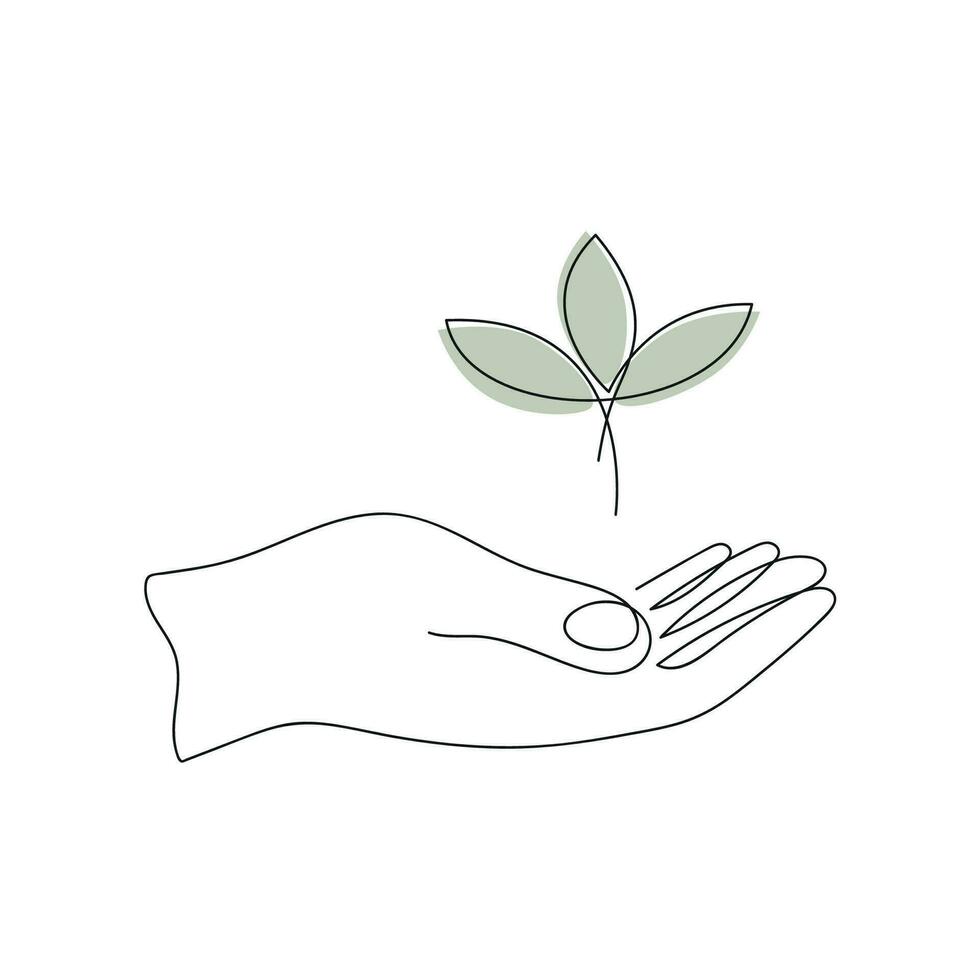 Sprout in hand drawn in one continuous line in color. One line drawing, minimalism. Vector illustration.