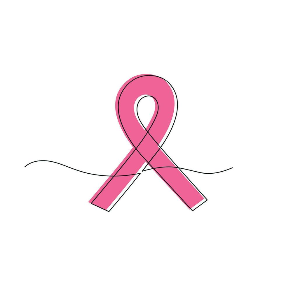 Pink ribbon drawn in one continuous line. National Breast Cancer Awareness month. One line drawing, minimalism. Vector illustration.