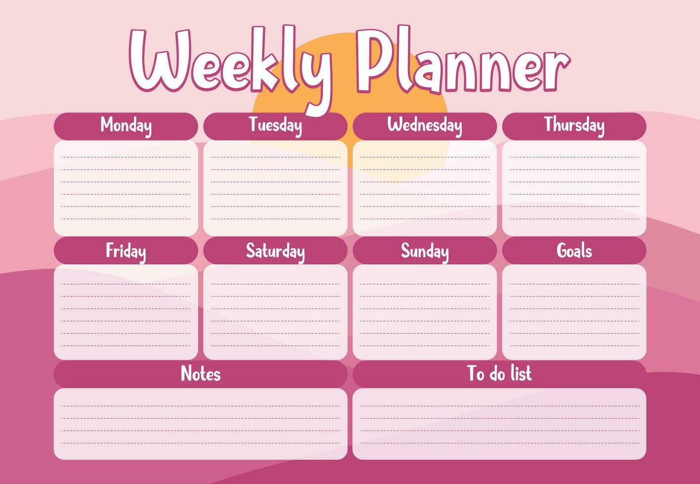 Vector printable weekly planner with mountain landscape background. Vector Weekly planner template. Schedule, Agenda, Weekly Overview, Journal, Organizer. Business organizer page vector illustration
