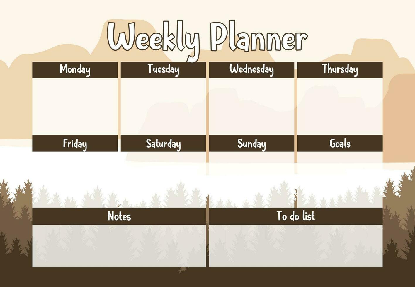 Printable weekly planner template with mountain landscape background. Weekly Planner, Schedule, Agenda, Weekly Overview, Tasks, Weekly Organizer. Business organizer page vector illustration