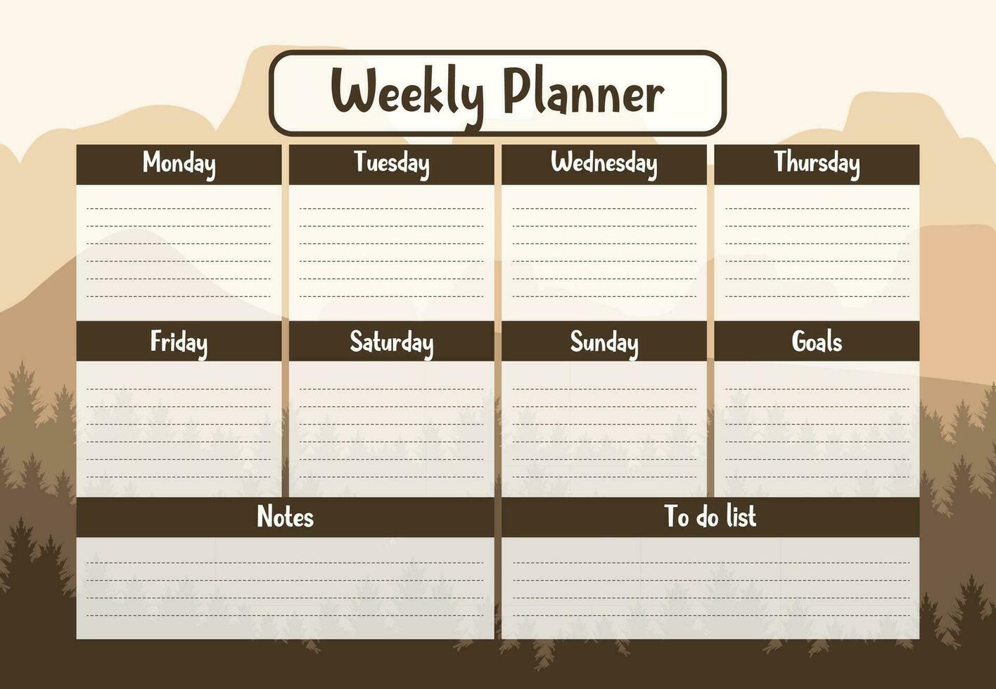 Printable weekly planner template with mountain landscape background. Weekly Schedule template. to-do list, notes. notebook page isolated. Business organizer page. Paper sheet. vector illustration