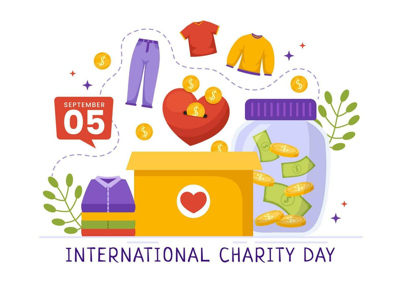 International Day of Charity Vector Illustration on 5 September with Donation Package Love Concept Background in Flat Cartoon Hand Drawn Templates